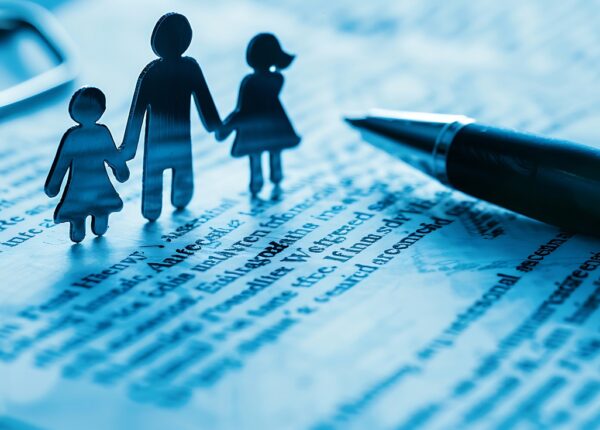 A close-up image of a pen and a family of cutouts on a page of legal documents. The image symbolizes the importance of family in legal matters. It is a perfect illustration for articles on family law, custody agreements, or legal proceedings involving families.